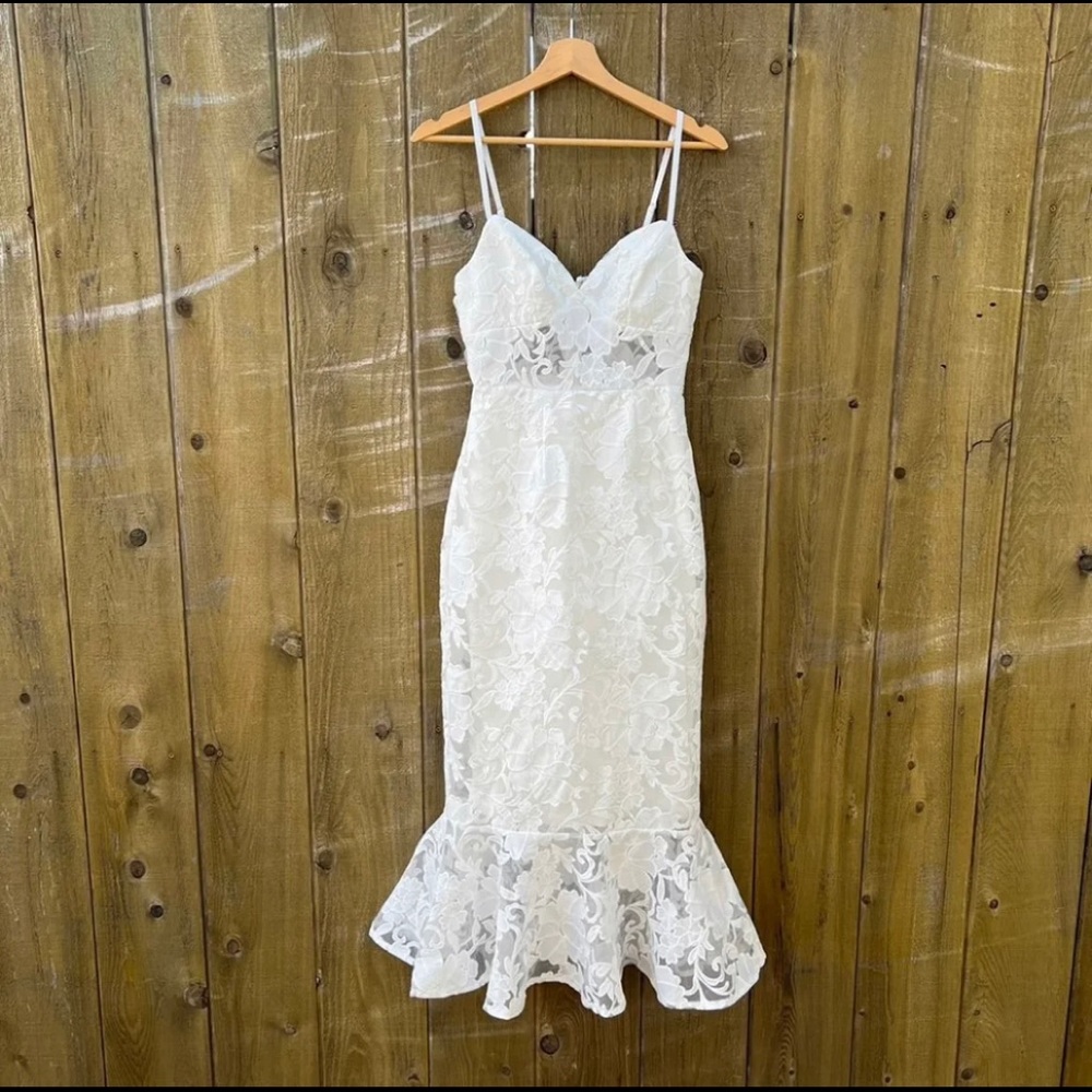 Ivory White Lace Trumpet Organza Midi Dress 🌿 - Picture 6 of 11